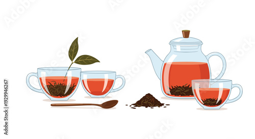 Two clear glass teacups and a matching teapot, all containing reddish-brown tea and loose leaves, are arranged with a wooden spoon and dry tea on a white background.