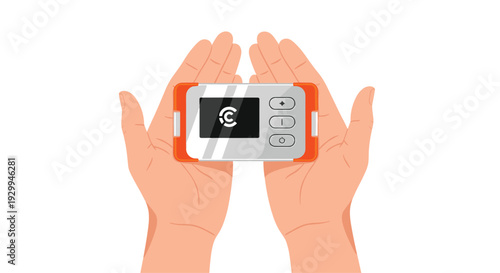 Two cupped human hands gently hold an orange and grey cryptocurrency hardware wallet displaying a generic crypto coin logo on its screen against a white background.