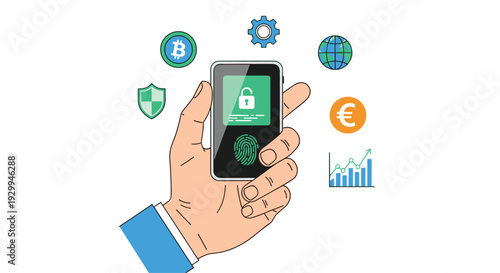 A human hand holds a black and green cryptocurrency hardware wallet with a fingerprint scanner, surrounded by various floating financial and security icons on a white background.