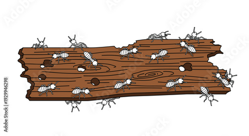 Numerous black and white ants are actively moving across an irregularly shaped, damaged dark brown wooden plank with visible holes on a white background.