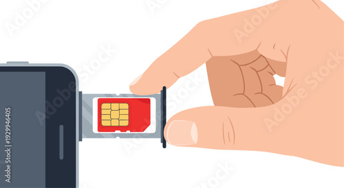 A human hand is carefully inserting a red SIM card with a gold chip into a dark grey smartphone's open tray on a white background.