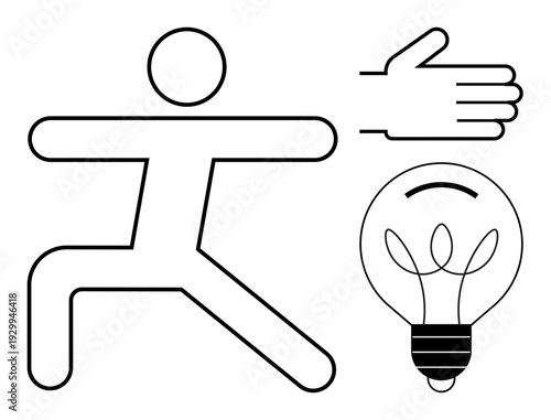 Physical activity, creativity, innovation, hand gestures, minimal art, conceptual design. Stick figure in action pose, hand and light bulb graphic. Creativity and innovation concept