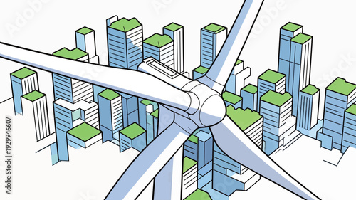 Wind turbine stands tall above a city filled with modern buildings and green rooftop gardens on a clear day.