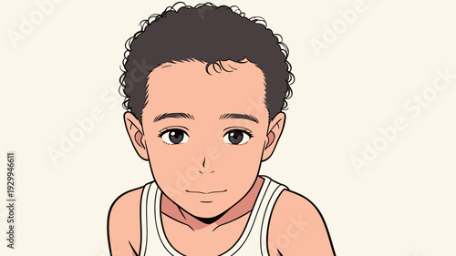 A young boy smiles while looking at the viewer. He has curly hair and is wearing a white tank top. The setting is plain and simple.