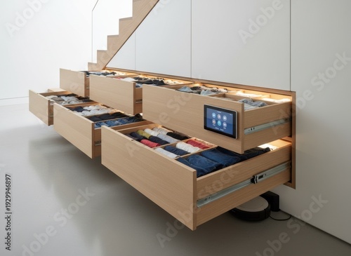 Organized Drawer Unit Under Staircase with Integrated Digital Display and LED Lighting Featuring Folded Clothing Items
