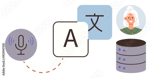 Language learning, speech-to-text, voice recognition, data storage, global communication, AI applications. Microphone, letter A database and user profile icons. Language learning and voice