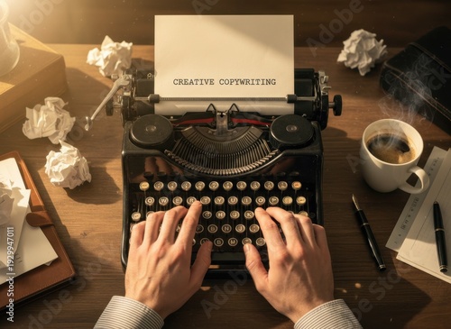 Overhead view of hands typing on vintage typewriter with steaming coffee and crumpled papers on a wooden desk bathed in warm directional light creating a nostalgic atmosphere for creative writing
