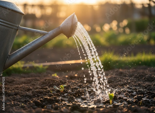 Close up of a vintage metal watering can pouring water onto dark soil with small green sprouts in the foreground during a warm sunset with golden hour lighting