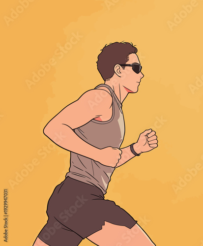 A man runs with determination, dressed in a tank top and shorts while wearing sunglasses. The background is bright yellow.