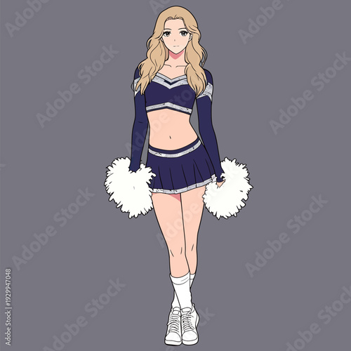 A cheerleader stands with pom poms in hands, wearing a blue outfit and a skirt. The background is gray with no other details.