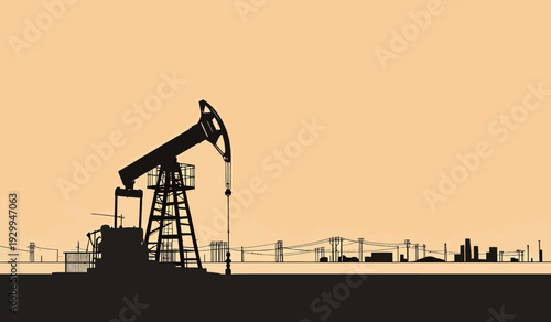An oil pump jack operates at dusk, silhouetted against a light sky with a city skyline and power lines in the distance.