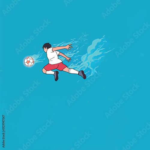 A boy wearing a white shirt and red shorts runs quickly while kicking a soccer ball over a blue background.