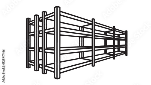Empty metal shelving unit in minimalist style with black outline on white background for storage solutions