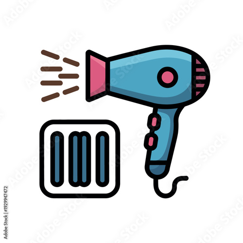A cartoon illustration of a blue hair dryer with a pink nozzle and a heating element