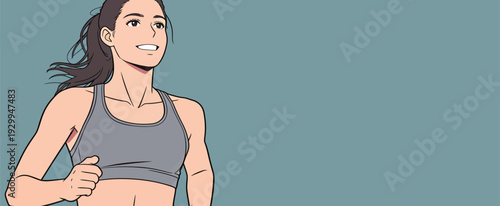 A person is jogging with a smile on their face in a casual outfit. The background is a simple color.