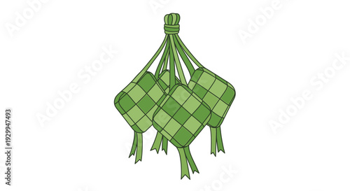 Traditional Indonesian diamond-shaped rice cakes wrapped in woven palm leaves, a popular festive food