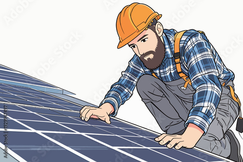 A worker is on a roof installing solar panels. He wears a hard hat and uses safety gear. The activity is happening during daylight.