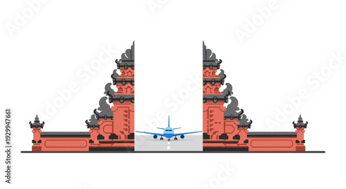 Illustration of an airplane between traditional Balinese temple gates, symbolizing travel and arrival at an exotic destination