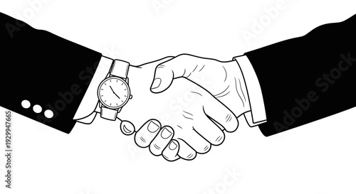 Business Handshake Illustration: Agreement and Partnership in Black and White.