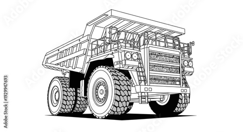 Massive Mining Dump Truck Line Art Illustration.
