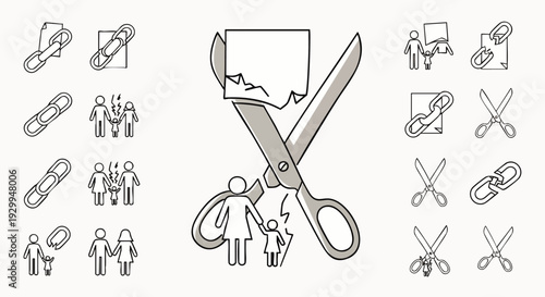 Conceptual illustration of family separation, divorce, and broken relationships. Icons show scissors cutting ties, broken chains, and people detaching.