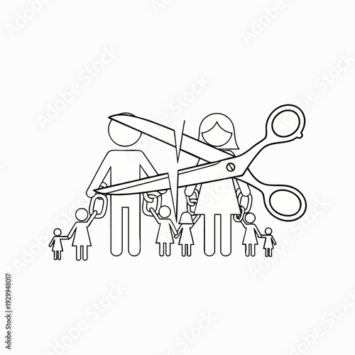 Outline illustration of family divorce and separation. Scissors cut parents and children, symbolizing marriage breakdown, legal issues, and emotional impact on family.