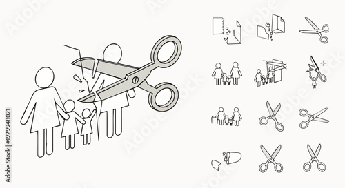 Family separation and divorce concept, illustrated by scissors cutting stick figures representing parents and children, symbolizing legal issues, broken relationships, and societal challenges.