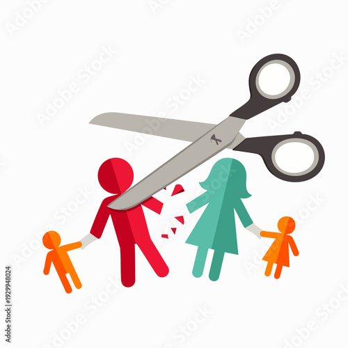 Divorce and family separation concept. Scissors cutting a red father figure from his teal wife and two orange children, illustrating broken relationships and custody battles.