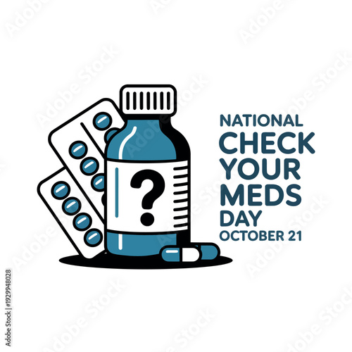 National Check Your Meds Day illustration with medication bottle and pills on October 21