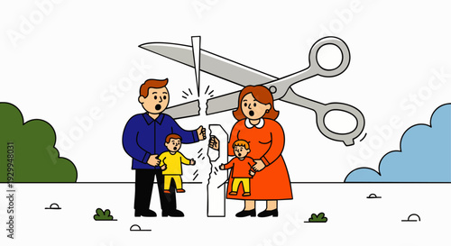 Distressed family illustration: parents and children with a symbolic family tree cut by scissors, representing divorce, separation, broken homes, and marital breakdown.