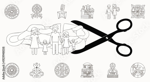 Symbolic illustration of family division or censorship in the modern digital world, with scissors cutting a family within a tech-like line art.