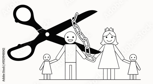 Conceptual image of divorce, family separation, or breaking a relationship bond, depicted by scissors cutting a chain between parents.