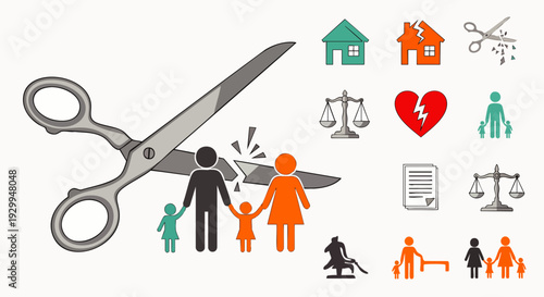 Divorce and family separation concept with scissors cutting a family silhouette, broken home, legal scales, and broken heart icons illustrating marital breakdown.