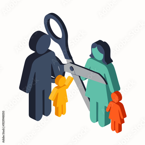 Conceptual isometric illustration of a family being cut by scissors, symbolizing divorce, separation, legal issues, and the breakdown of family relationships.