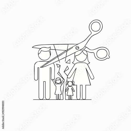 Conceptual illustration of family divorce and separation, with scissors cutting a stick figure family, symbolizing broken relationships, legal issues, and emotional distress.