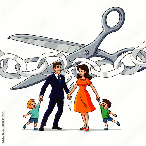 Divorce concept illustration: A family (parents, two children) stands as large scissors cut a paper chain, symbolizing broken bonds and legal separation.