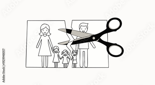 Illustration of a family being cut in half by scissors, symbolizing divorce, separation, and the emotional impact on children.