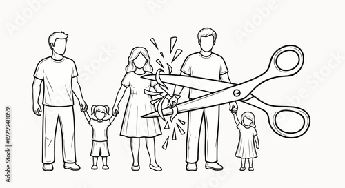Family separation and divorce concept, with large scissors cutting the bond between parents, symbolizing a broken family and the emotional impact on children's well-being.
