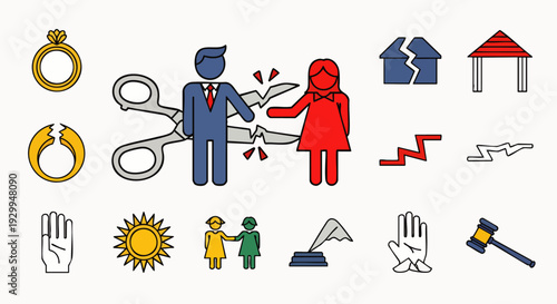 Divorce and Separation Icons Set: Legal Process, Family Conflict, Broken Marriage, Child Custody, and Relationship Dissolution Vector Illustration