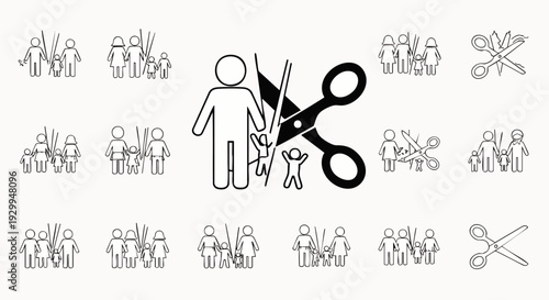 Vector icon representing family separation, divorce, and child custody disputes, with a parent and children being cut apart by scissors.