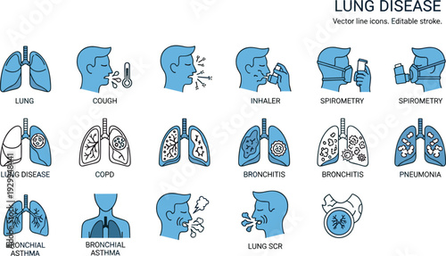 Blue line pulmonology icons for lung disease COPD bronchitis pneumonia bronchial asthma inhalers spirometry and respiratory health diagnostics