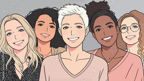 Five women are posing together with smiles on their faces, showing a bond of friendship and joy in a simple setting.