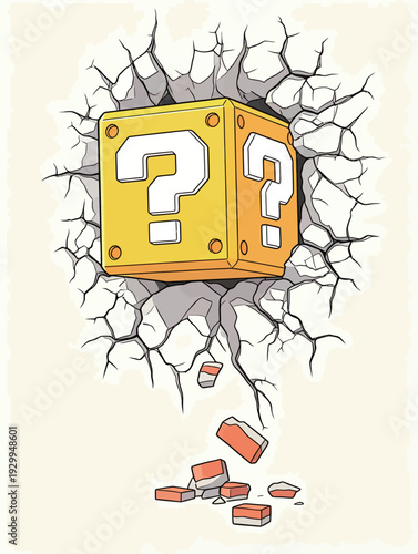 A yellow box with question marks appears to break through a cracked wall, showing bits of debris falling down.