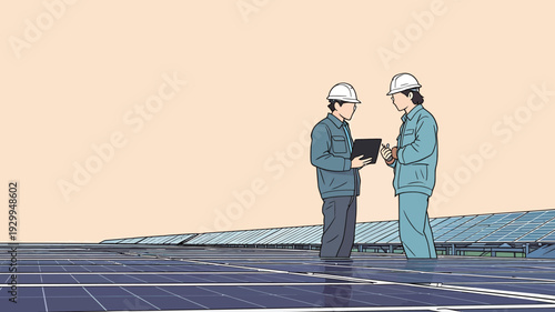 Two workers in hard hats talk about the solar panel setup on a rooftop under clear skies during the day.