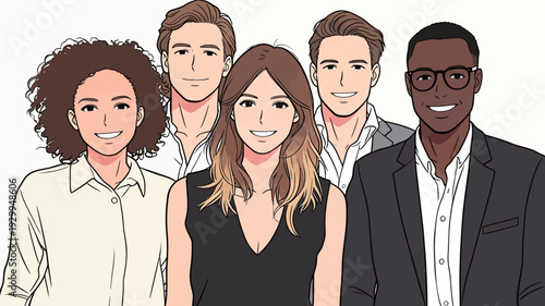 Five young adults stand close together, smiling and posing happily in a casual setting with relaxed clothing styles.