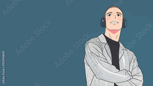 A young man stands with arms crossed and headphones on, enjoying music in a simple setting. He looks upward with a relaxed expression.