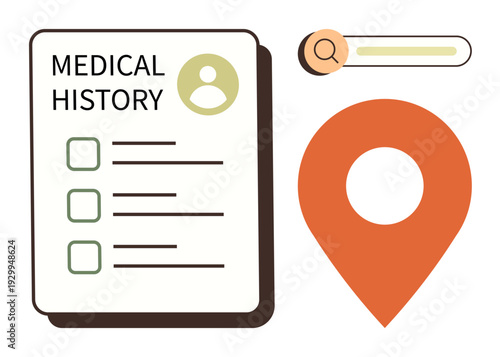 Healthcare, patient information, records management, data organization, accessibility, appointment tracking. Medical history form, checklist search bar and location pin icon. Healthcare and patient