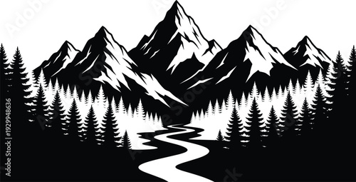 Majestic mountain landscape illustration with pine forest and winding river, scenic wilderness nature view in black and white vector art design
