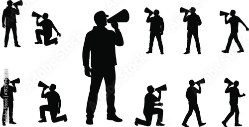 Man with megaphone silhouette vector set featuring protester announcing through loudspeaker in various poses isolated on white background for activism design