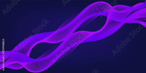 Futuristic dark abstract background with vibrant violet and pink glowing waves on a deep navy backdrop. Perfect for modern digital posters, tech presentations, or music visuals. Vector horizontal temp